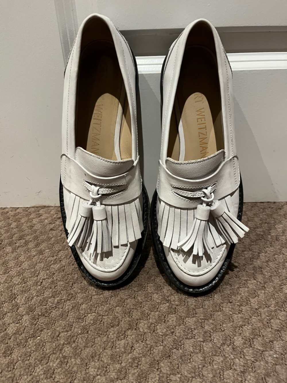 Stuart Weitzman White Tassel Fringe Loafers with Black Soles